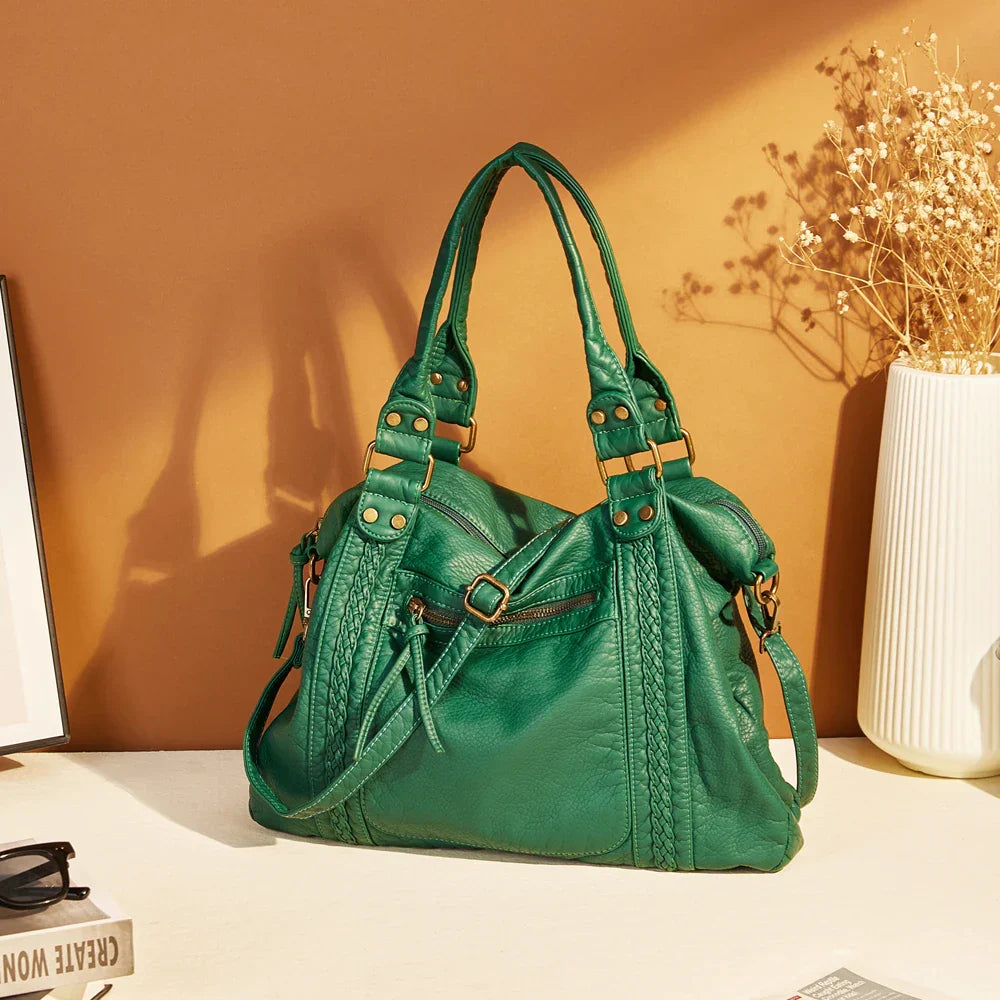 sac de cours vintage vert en cuir pu